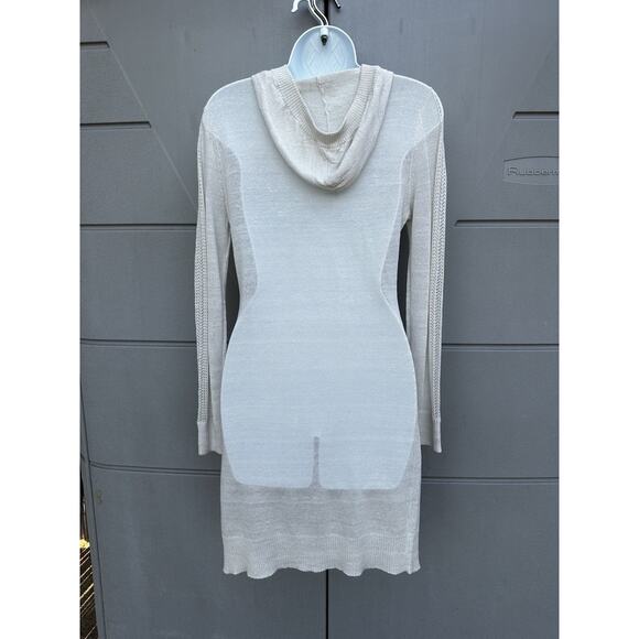 Dolce Cabo Crochet Button Front Linen Blend Hooded Duster Cardigan Sz S Oatmeal - Picture 3 of 11